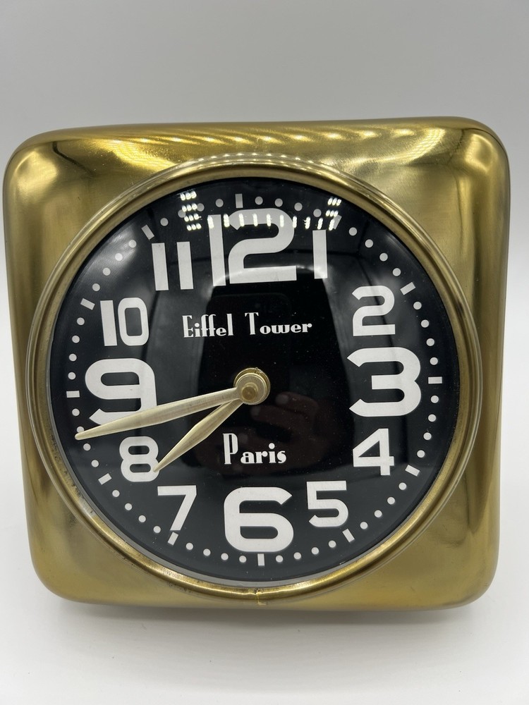 Gold Chrome Steel Square Bubble Eiffel Tower Paris Clock