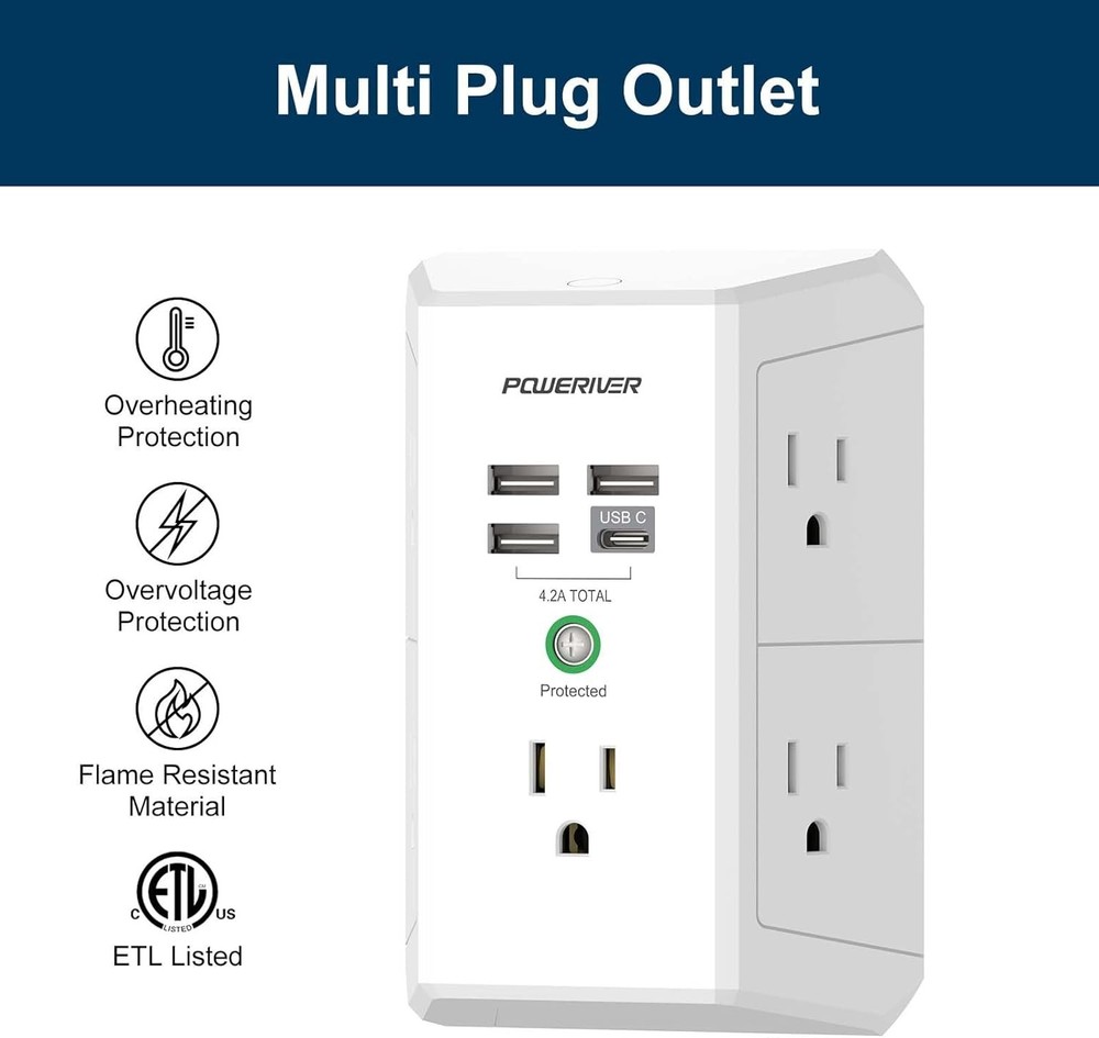 4 USB Wall Charger Multi Outlet Extender Surge Protector for Home Office