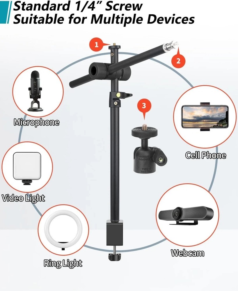Lightweight 360° Adjustable Camera Arm Desk Stand with C-Clamp for Versatile Use