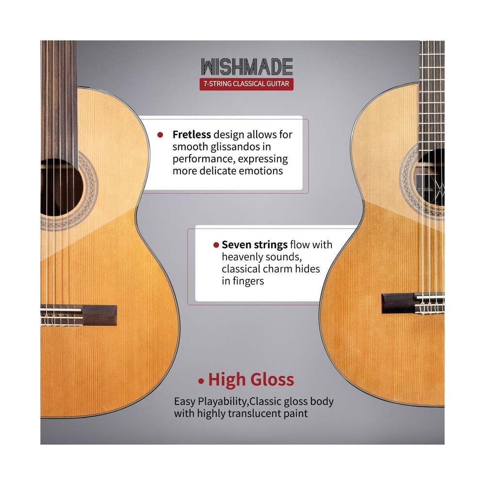 WishMade 7 String Classical Guitar Full Size Nylon String Guitars for Adults ...