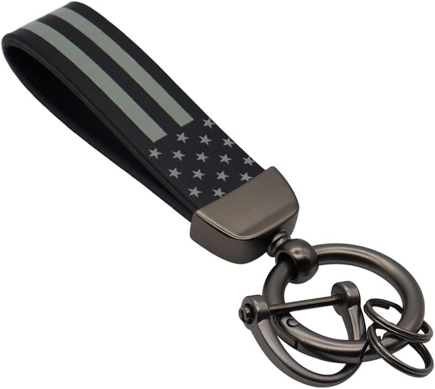 Leather American USA Flag Car Keychain with Zinc Alloy Ring, Tactical Keychain