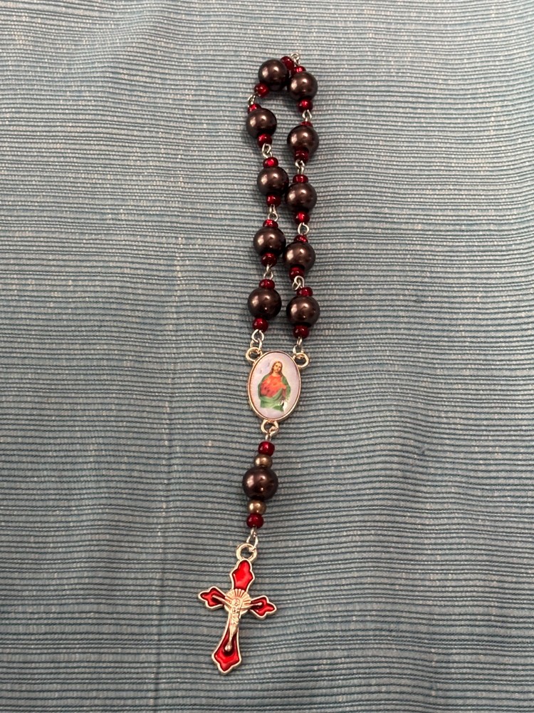 Handmade Frosted Dark Silver and Red Immaculate Jesus Pocket Catholic Rosary