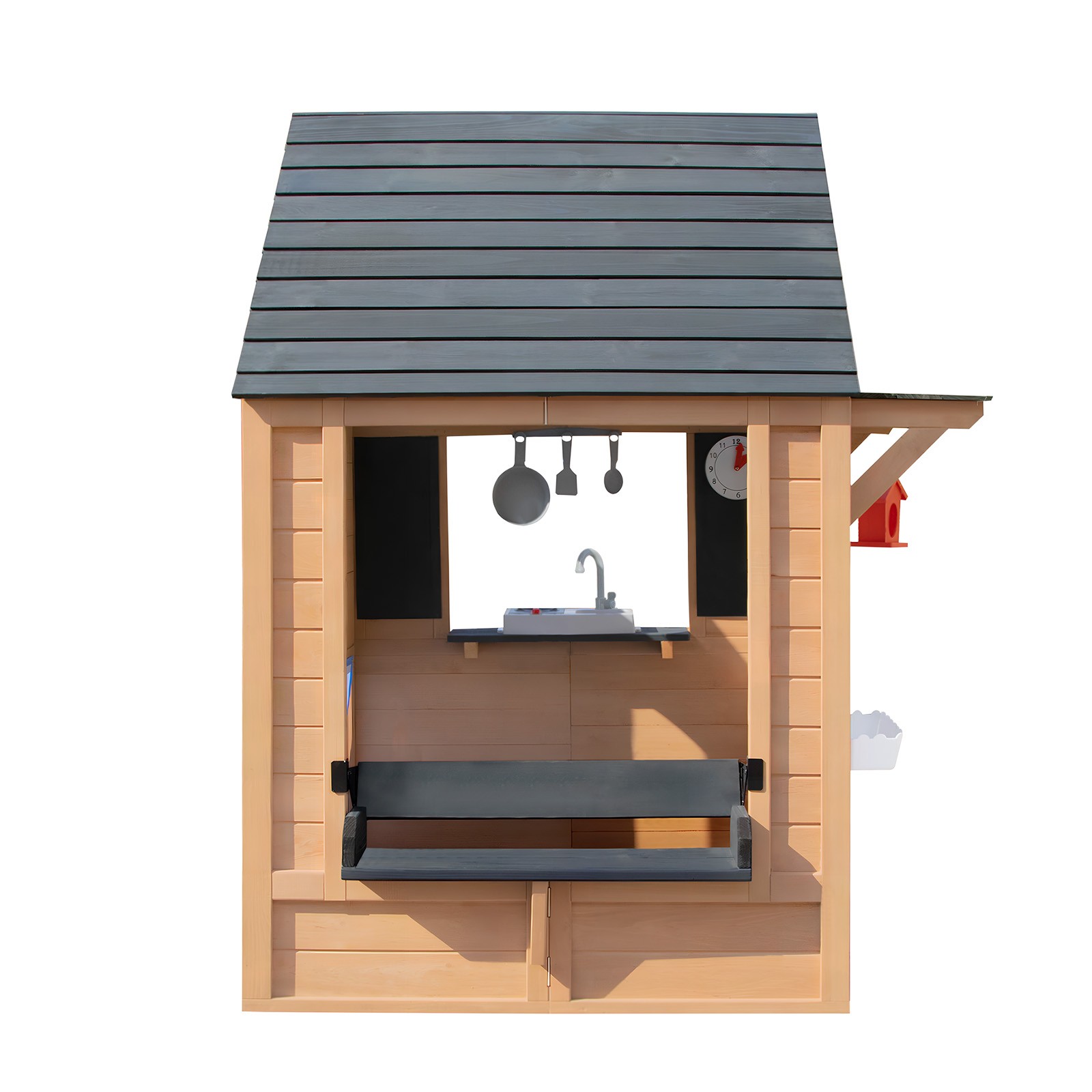 Wooden Kids Outdoor Playhouse with Window,Bench,Toy Kitchen,Flowerpot,Blackboard