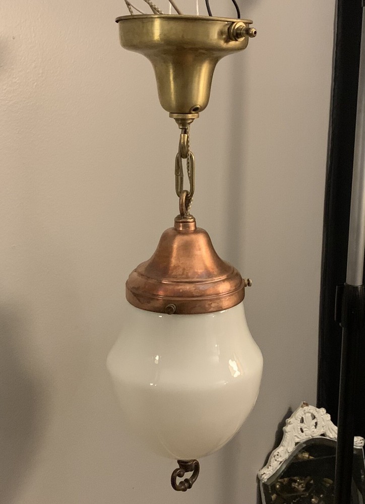 21" Brass Copper Pendant Light Milk White Globe Nice! 51F
