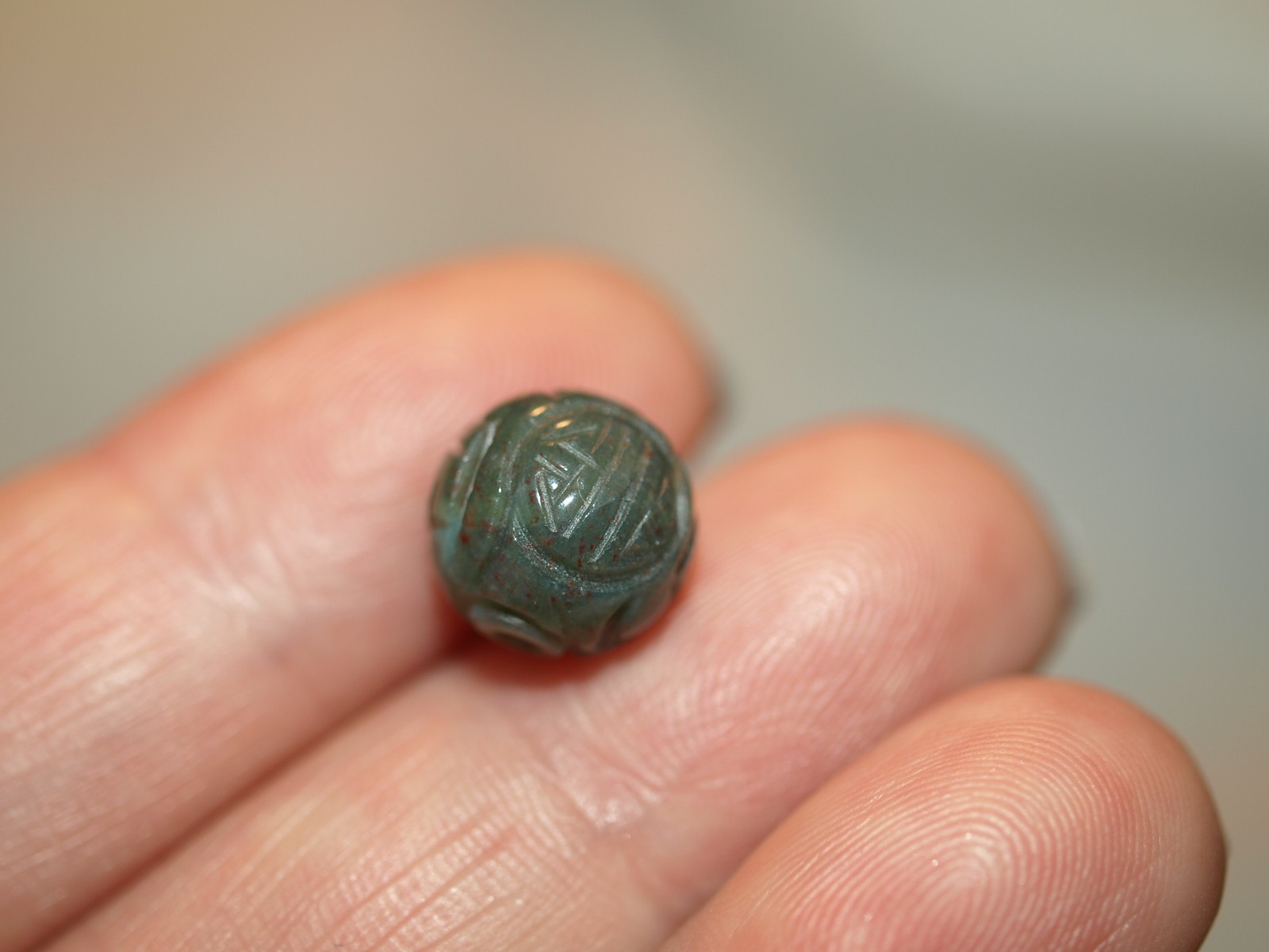 One Vintage Carved Chinese Bead Green Bloodstone Stone Round w/ Shou Design 10mm