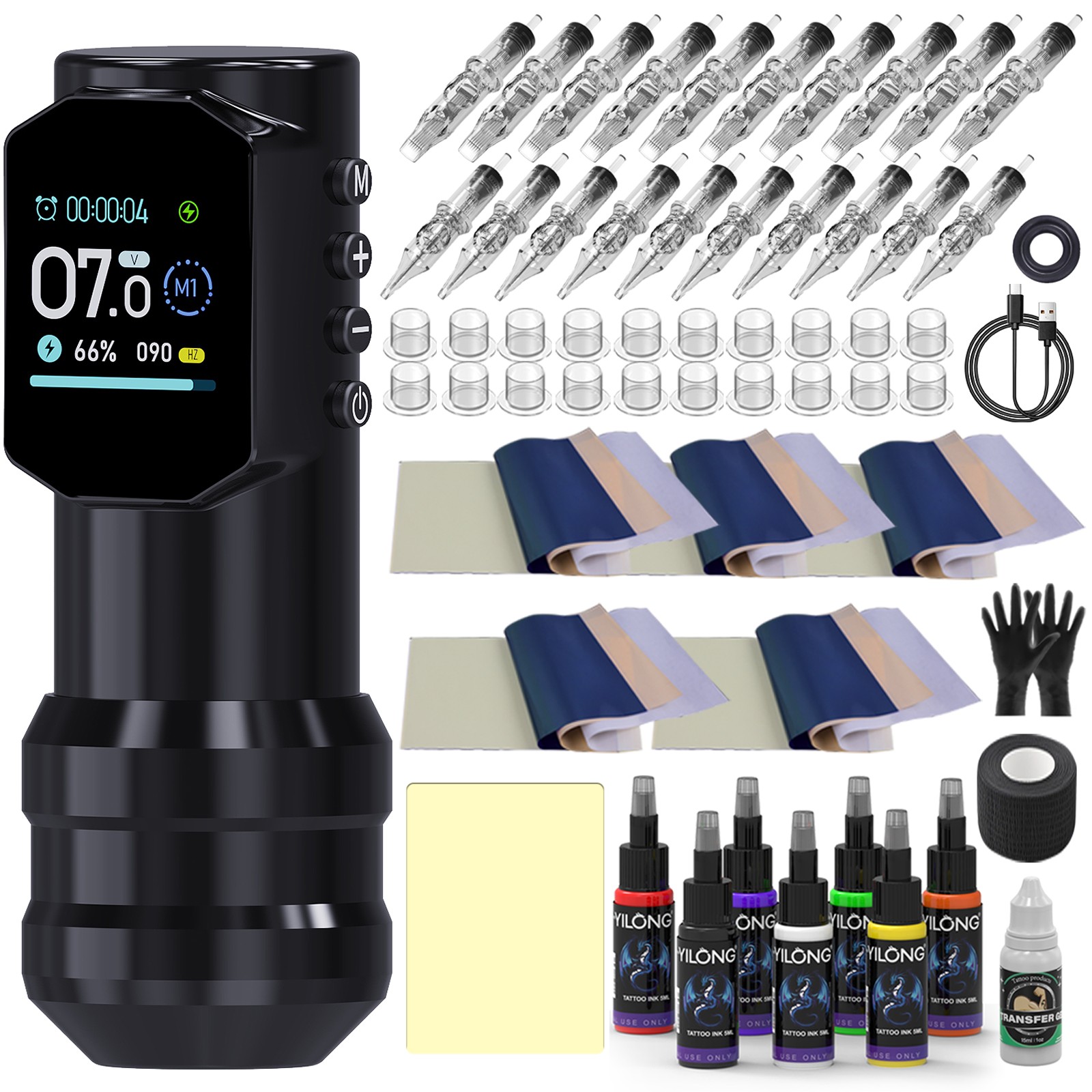 Wireless Tattoo Pen Machine Kit Complete LED Screen with Ink Needles for Artists