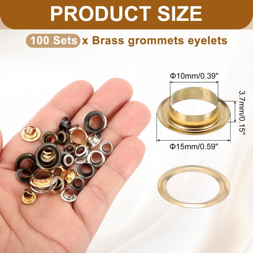 100 Sets Grommets Eyelets, 10mm Brass Self Backing Eyelets, Gold Tone