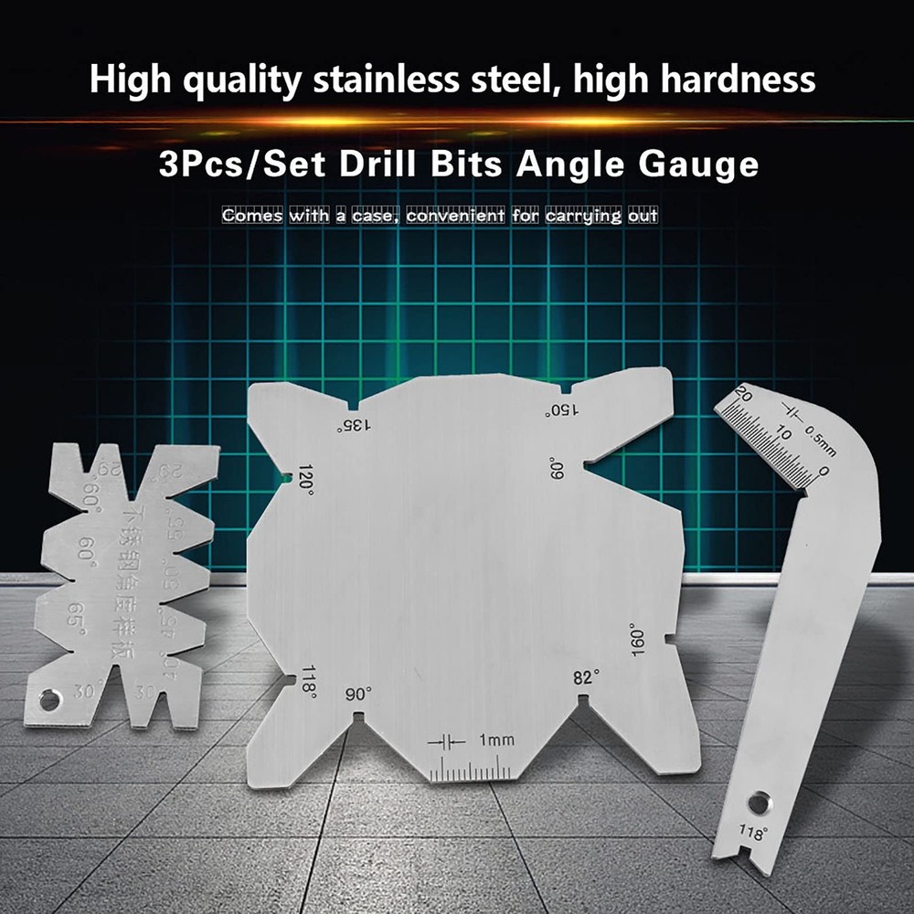 Drill Gauge, 3Pcs Drill Bits Angle Gauge Set Dirll Sharpener Tools S/S Angle ...