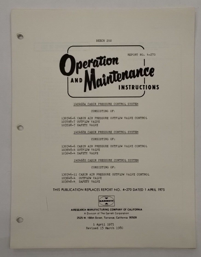Garrett Cabin Pressure Control System 140468A Operation & Maintenance Instruct