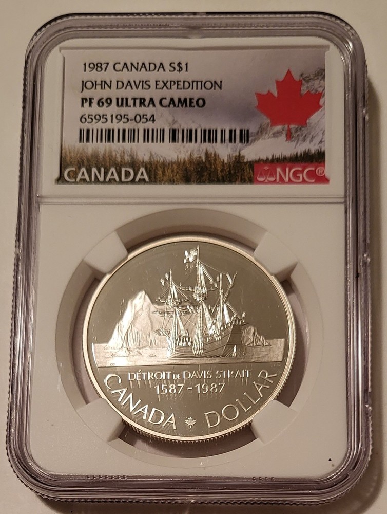 NGC Canada 1987 Silver Dollar John Davis Expedition PF69 UC Maple Leaf Label