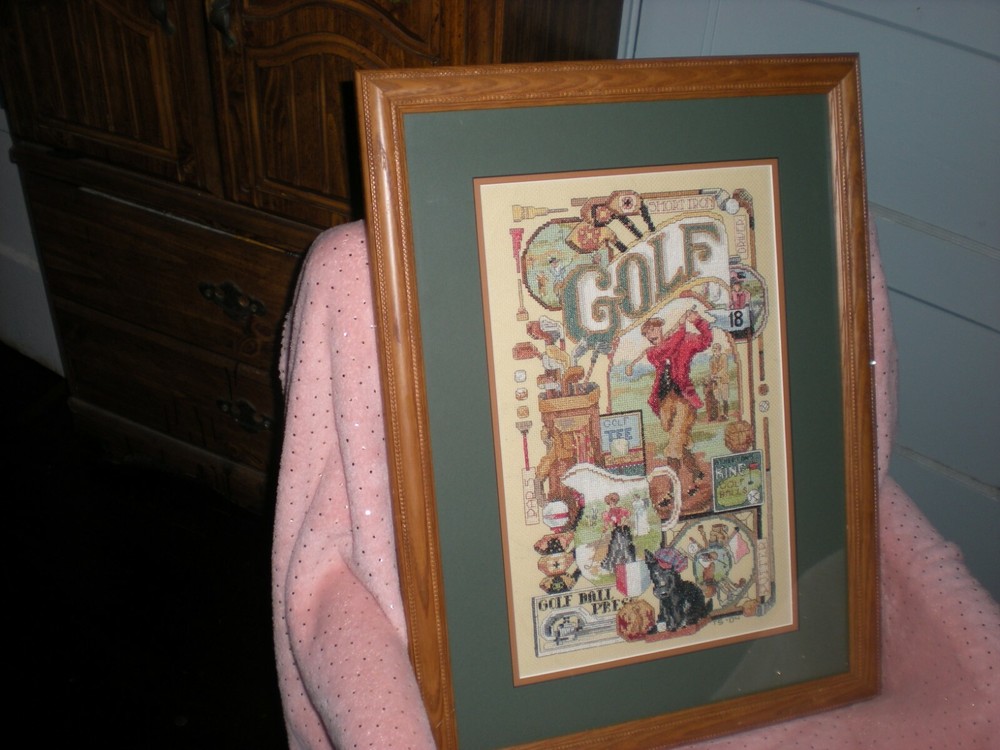 bucilla golfing memorabila cross stitch frame art
