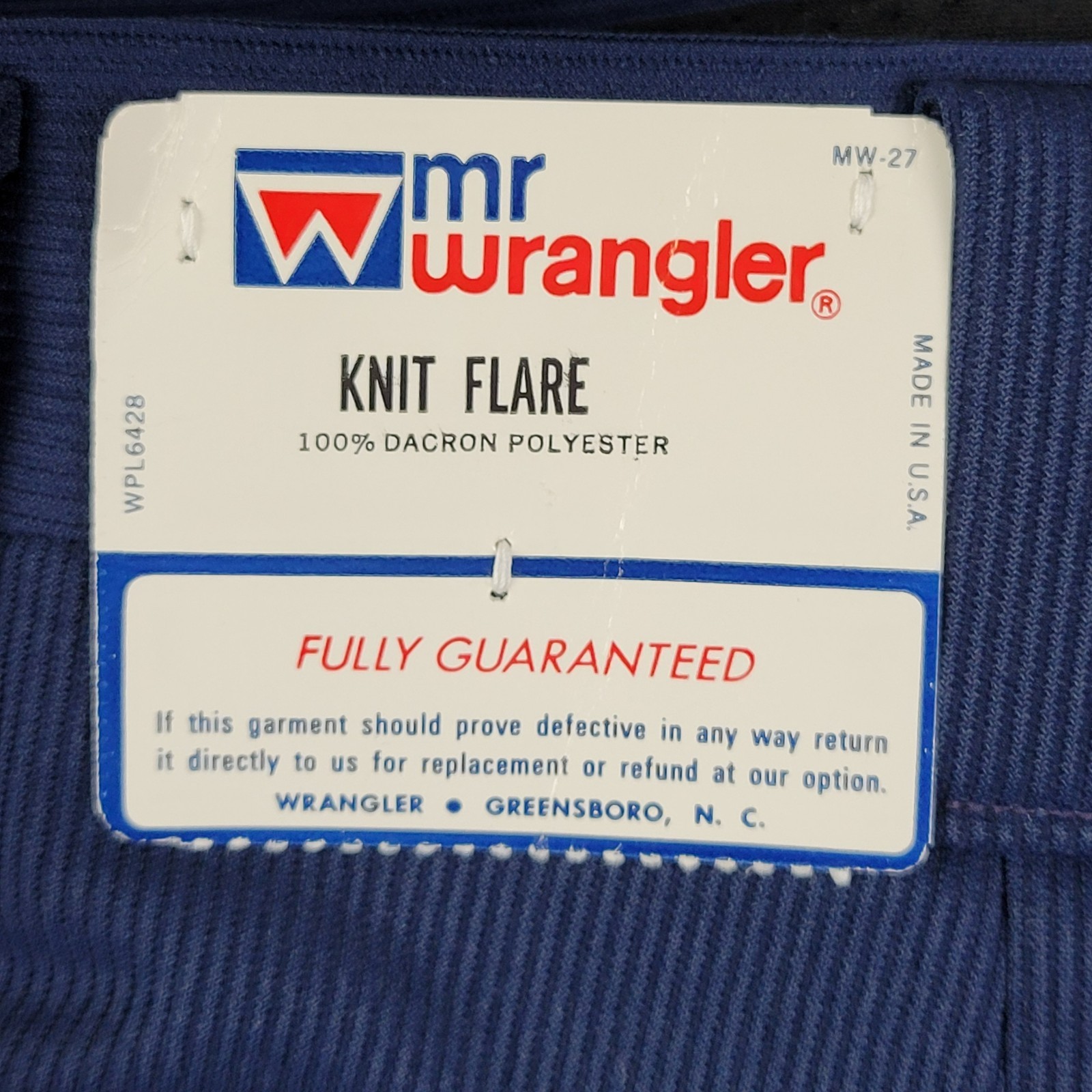 Mr Wrangler Knit Flare pants 34x30 navy blue stripe Dacron polyester 1971 USA