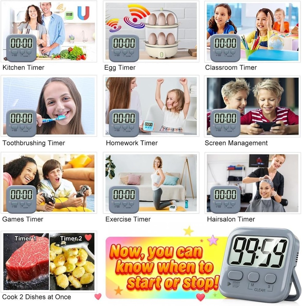 2 Pack Digital Timer for Kids, Magnetic Countdown Kitchen Timers for Cooking,...