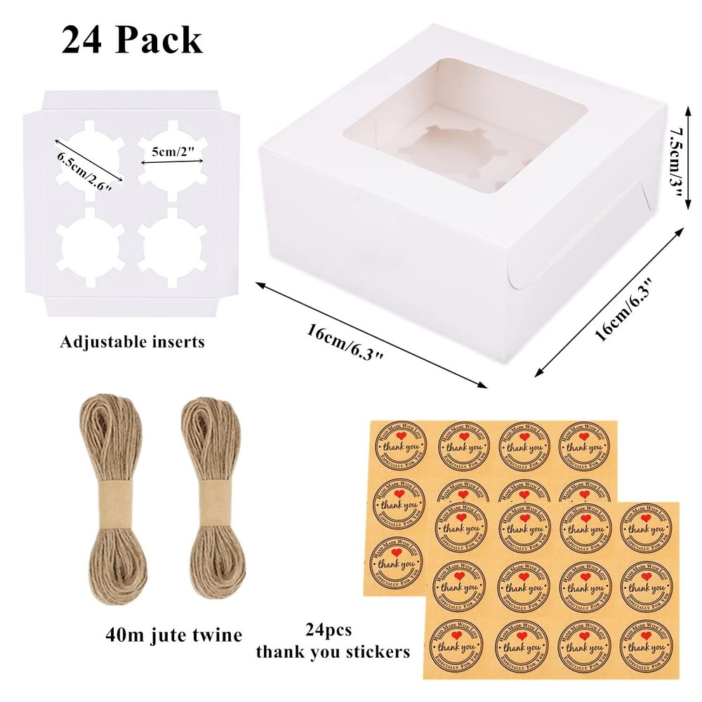 24 PCS White Cupcake Boxes with Window & Inserts Cupcake Containers 4 Count B...