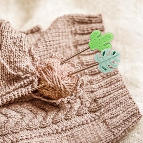 16pcs Knitting Needle Stoppers, Cute Cactus & Monstera Leaf Style Stitch