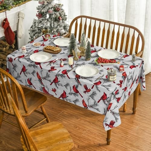 Christmas Tablecloth 60×84 Inch Rectangular Birds 60" x 84" (Rectangular) Red