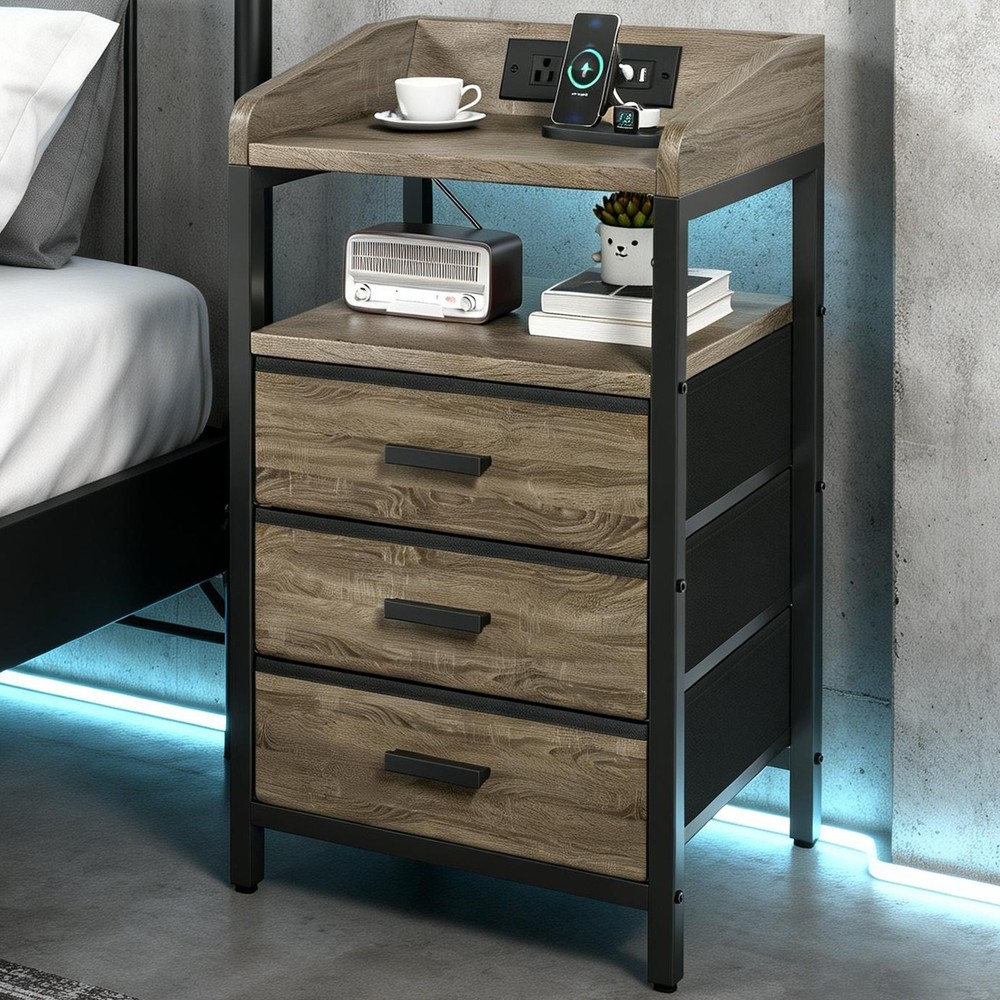 2 Pack Night Stand With Charging Station And Light Bedside End Table ༝