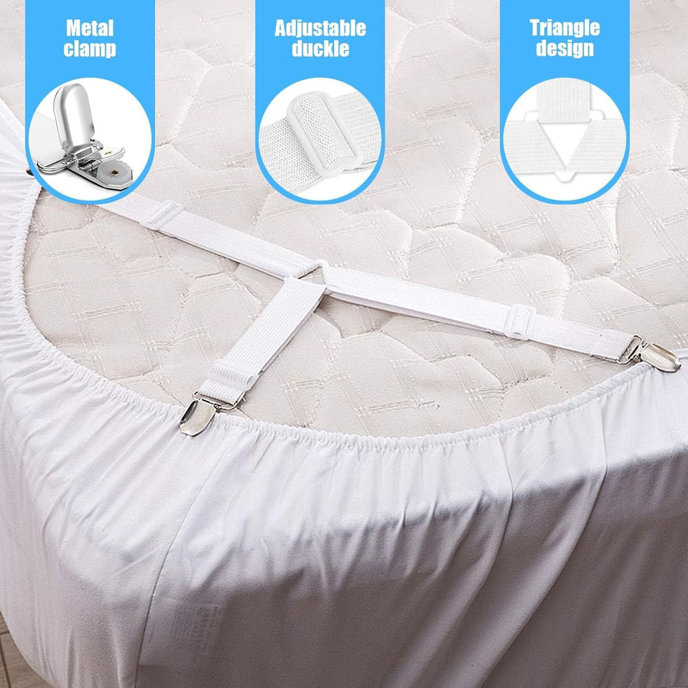 8 White Bed Sheet Holder Straps, Adjustable Bed Sheet Straps Holders, Fitted Bed