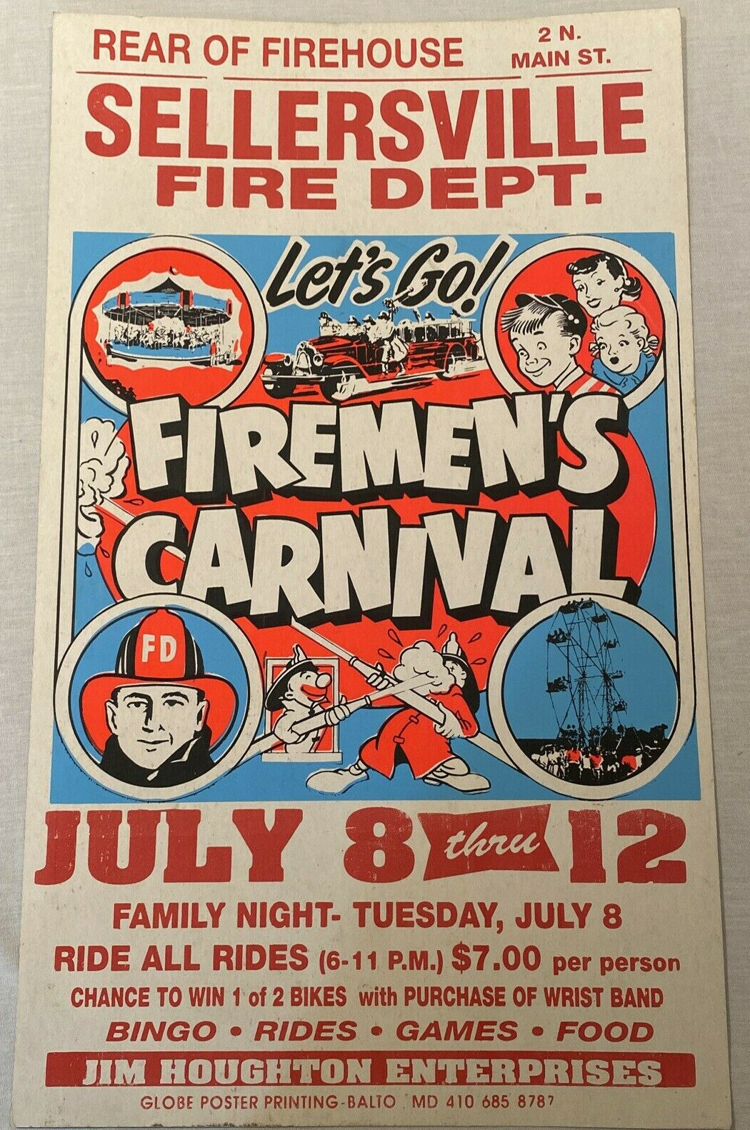 Vintage Sellersville Maryland Fire Dept 1990's Firemens Carnival Poster Globe Co
