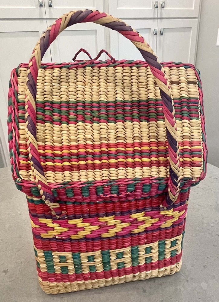 Handmade Woven Multicolor Straw Basket Made In Mexico