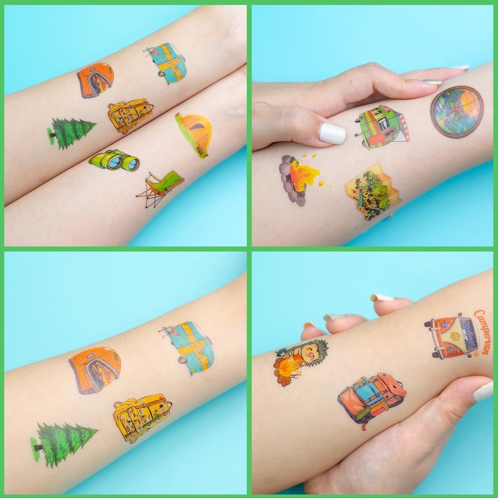 96PCS Camping Camp Camper Campfire Pre-Cut Temporary Tattoos Medium, multiple