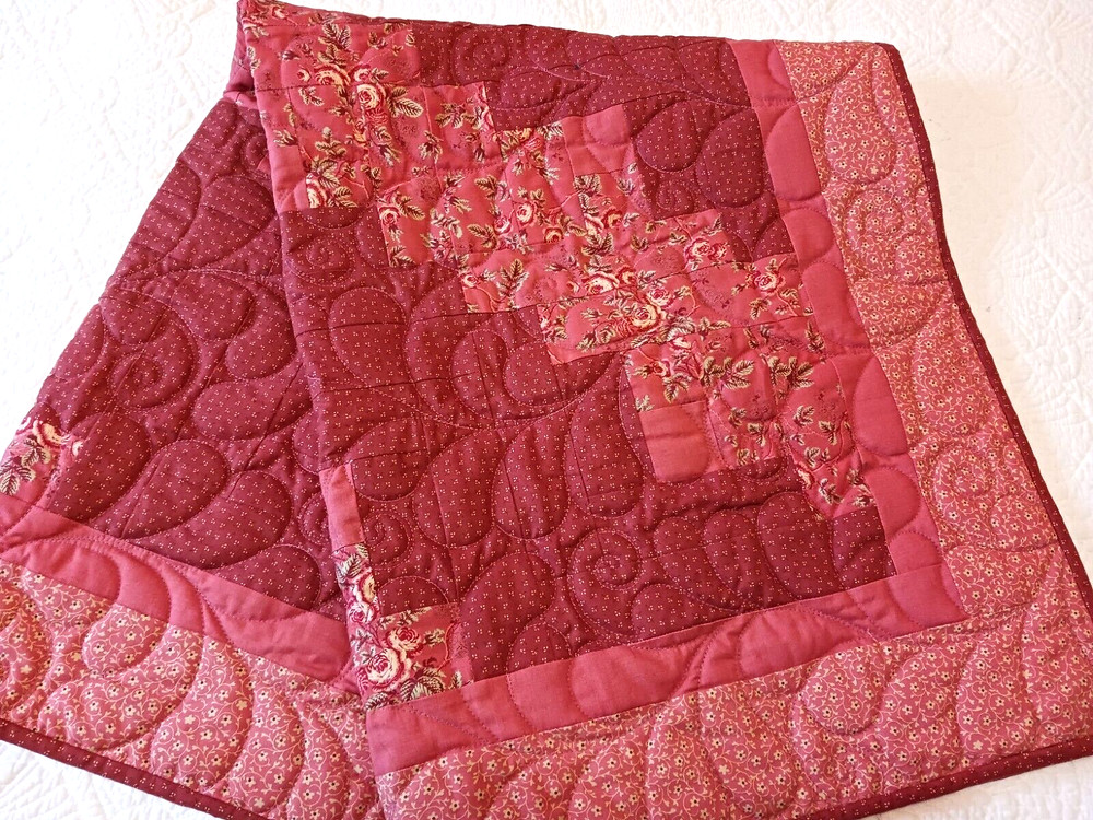 Pretty Handmade Patchwork Quilt Throw Blanket Diagonal Pattern Peach Rust 38x48"