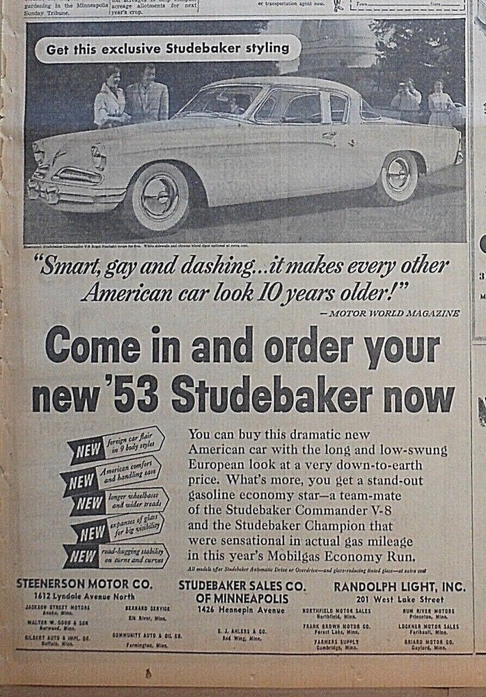 1953 newspaper ad for Studebaker - '53 Commander Regal Starlight, Smart, Dashing