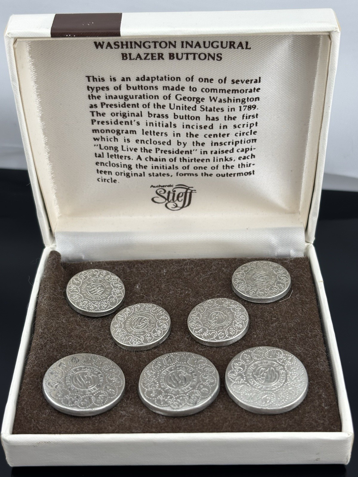 VTG Stieff Smithsonian Series Washington Inaugural Pewter Blazer Buttons in Box