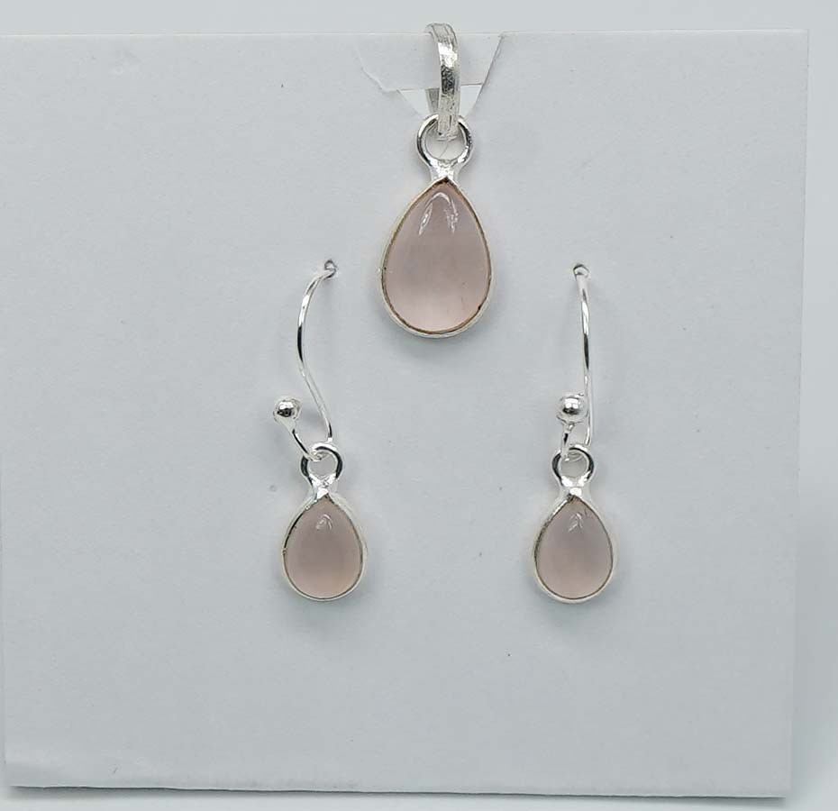 925 Solid Sterling Silver Pink Rose Quartz Hook Earring Pendant Set