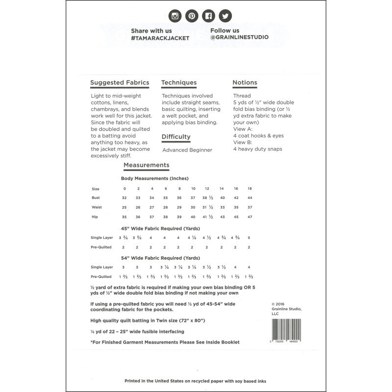 GRAINLINE STUDIO "TAMARACK JACKET" Size 0-18 Printed Sewing Pattern