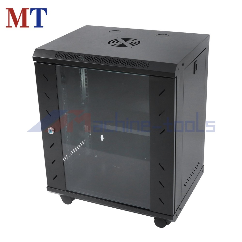 12U Server Enclosure 15.5in Deep, Locking Tempered Glass Front Door