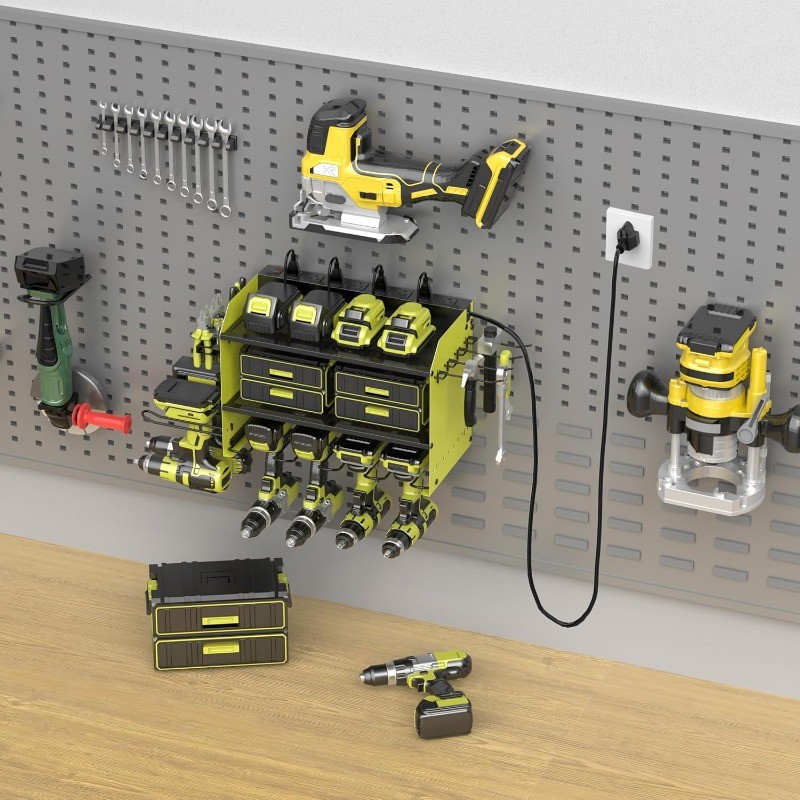 Wall Mount Drill Storage Rack with Charging Station Power Tool Organizer Drill