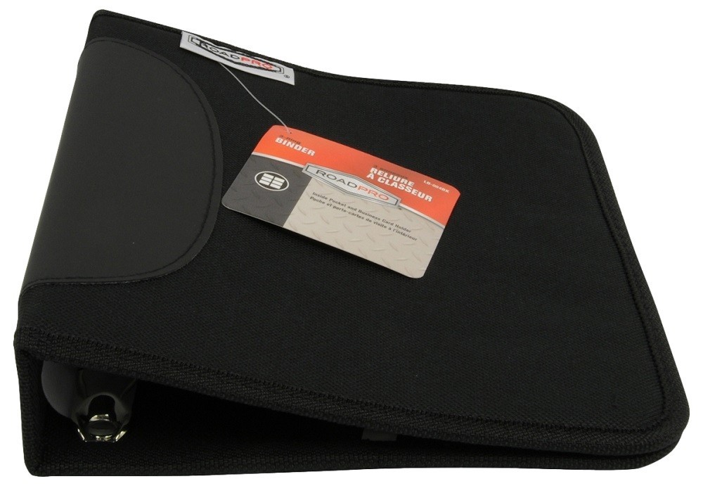 RoadPro LB‑004BK 3‑Ring Zippered Log Book Binder Black Organizer with Pockets
