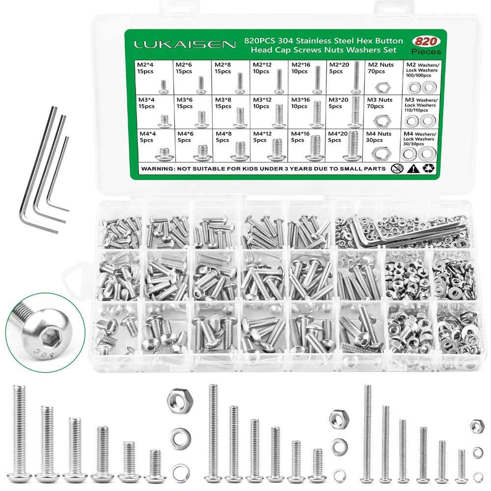 820PCS Screws and Nuts, M2 M3 Hex Button Head, 820 Silver