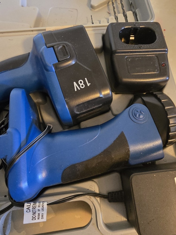 Drill Master 18V Cordless Drill & Flashlight Set w/Battery, Charger, Bits, Case