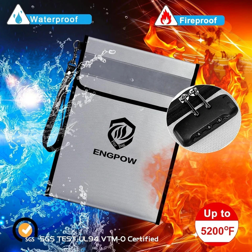 ENGPOW Fireproof Document Bag with Lock (5200℉),15”x 11” With Lock, Silver