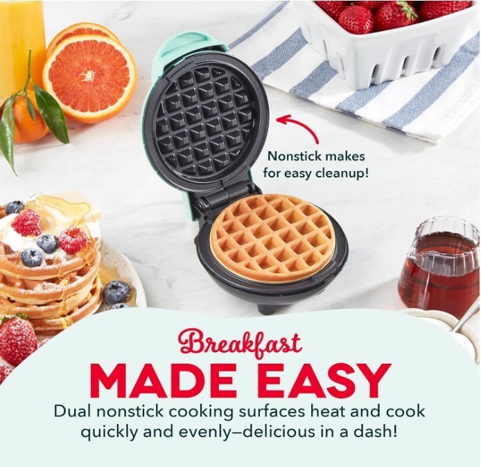 Dash Mini Waffle Maker Compact Nonstick Electric Iron Aqua Easy Clean