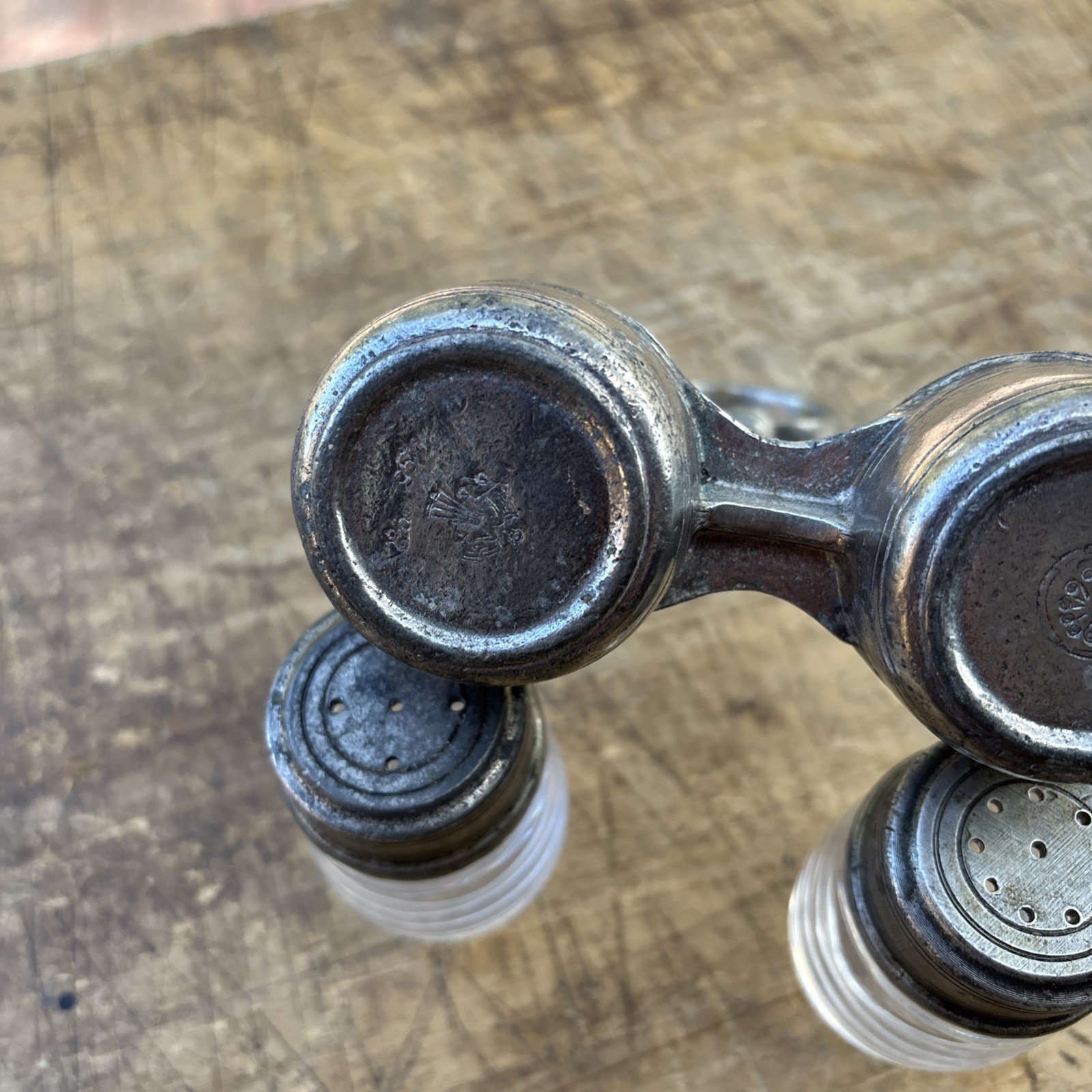 Antique Arte Italica Tavola SM Salt and Pepper with caddy Glass & 95% Pewter