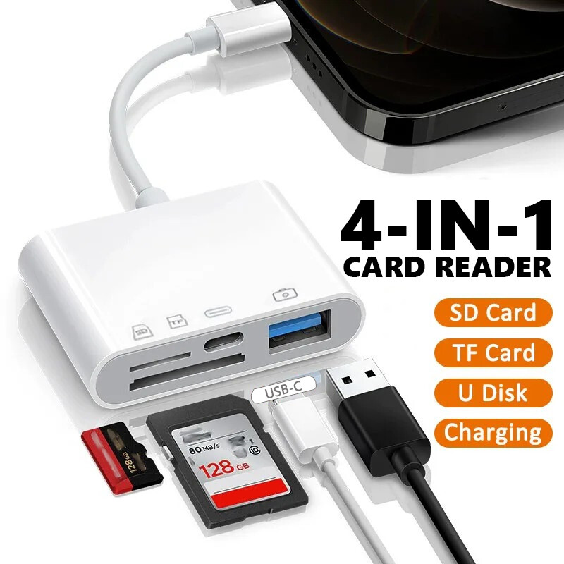 4 in 1 USB SD TF Card Reader Camera Adapter For iPhone 16 15 14 13 12 11 Pro Max