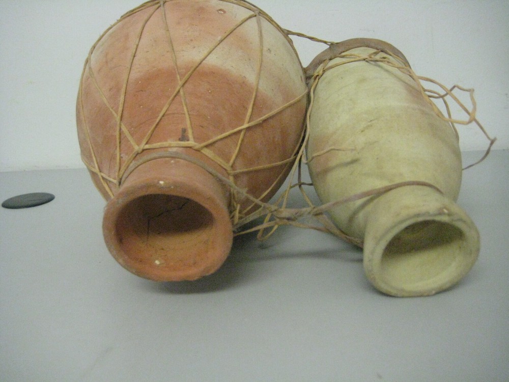 Vintage Terracotta Clay & Hide Double Bongo Drum Rustic Primitive Folk Art