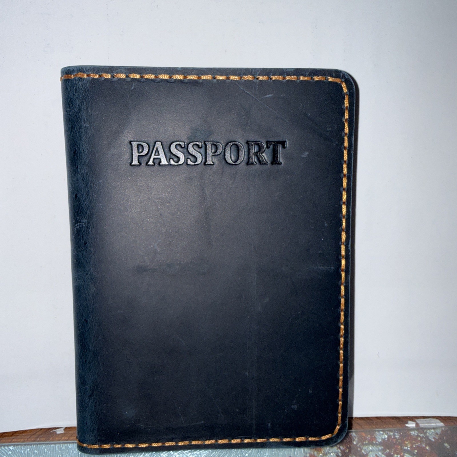 Leather Passport Holder Blue With Orange Stitching