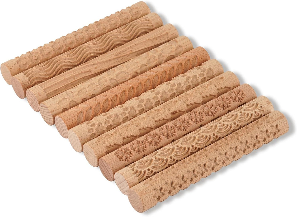 Set of 10 Wooden Handle Pottery Tools Clay Modeling Pattern Rollers Kit Brown (S