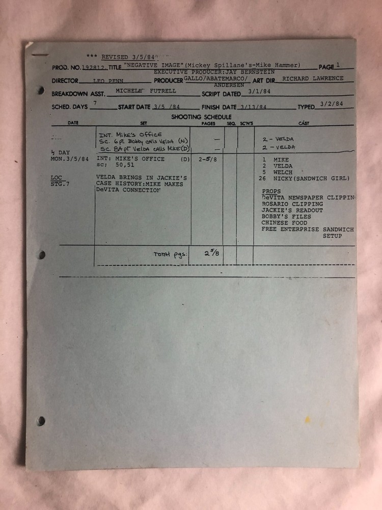 Orig 1984 Television Script MIKE HAMMER 'Negative Image' #192812 Complete