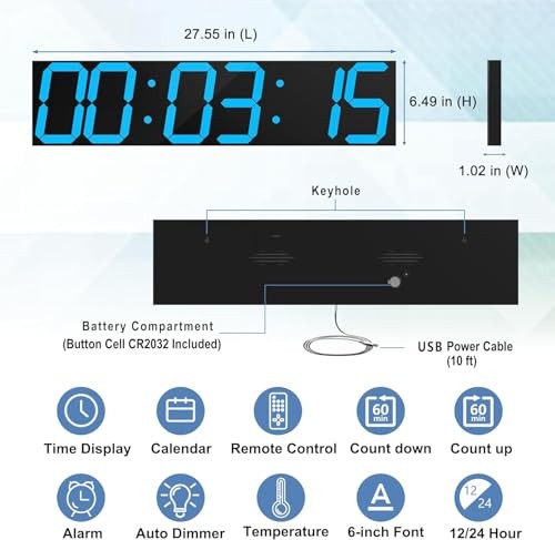 Digital Wall Clock, Oversize Led Digital Clock Large Display with Auto Ice Blue