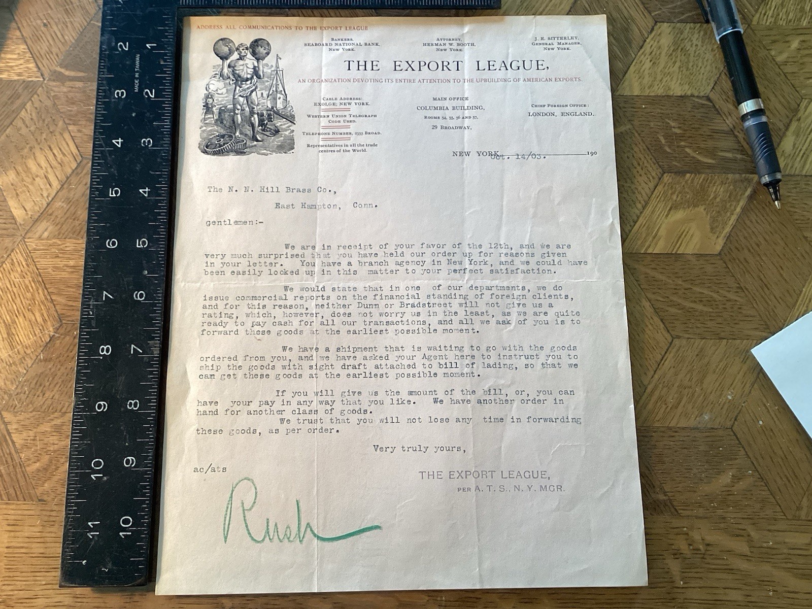 *Vignette**Broadway New York 1903 American The Export League Business Letterhead