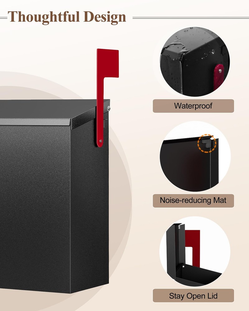 VERSASKY Wall-Mount Mailbox for Outside, Large Capacity Rust-Proof Mail Black