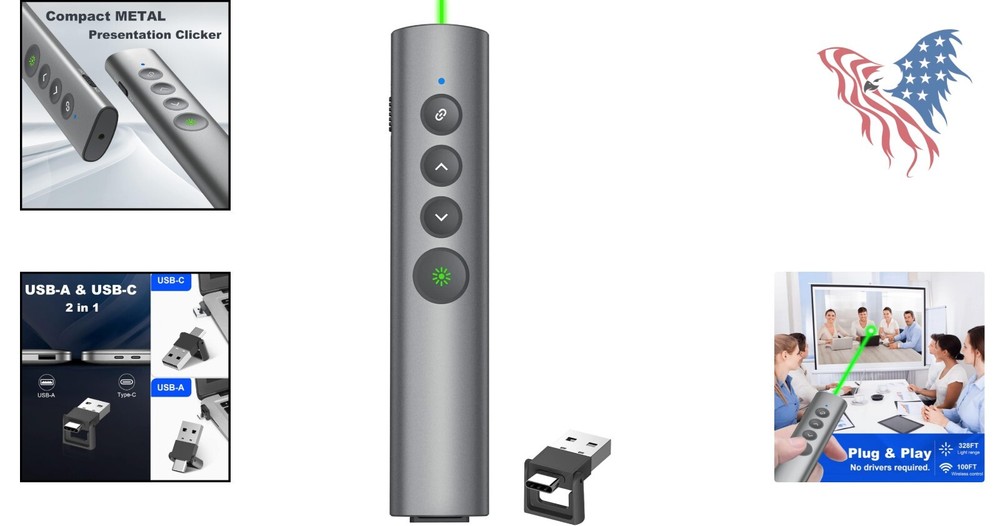 Versatile USB-C Presentation Clicker with Rechargeable Battery and Laser Pointer