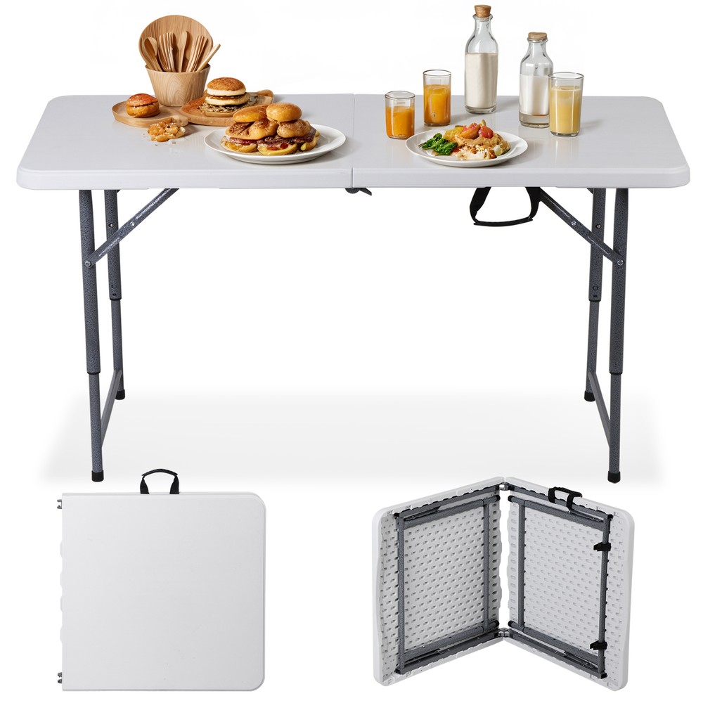 Folding Table Adjustable 4FT Plastic Table Picnic Camping w/Carry Handle White