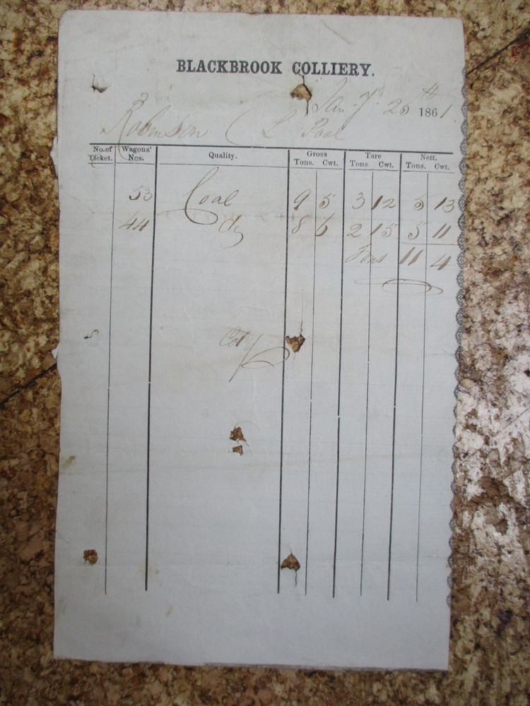 1861 Blackbrook Colliery, St Helens Wagon Statement