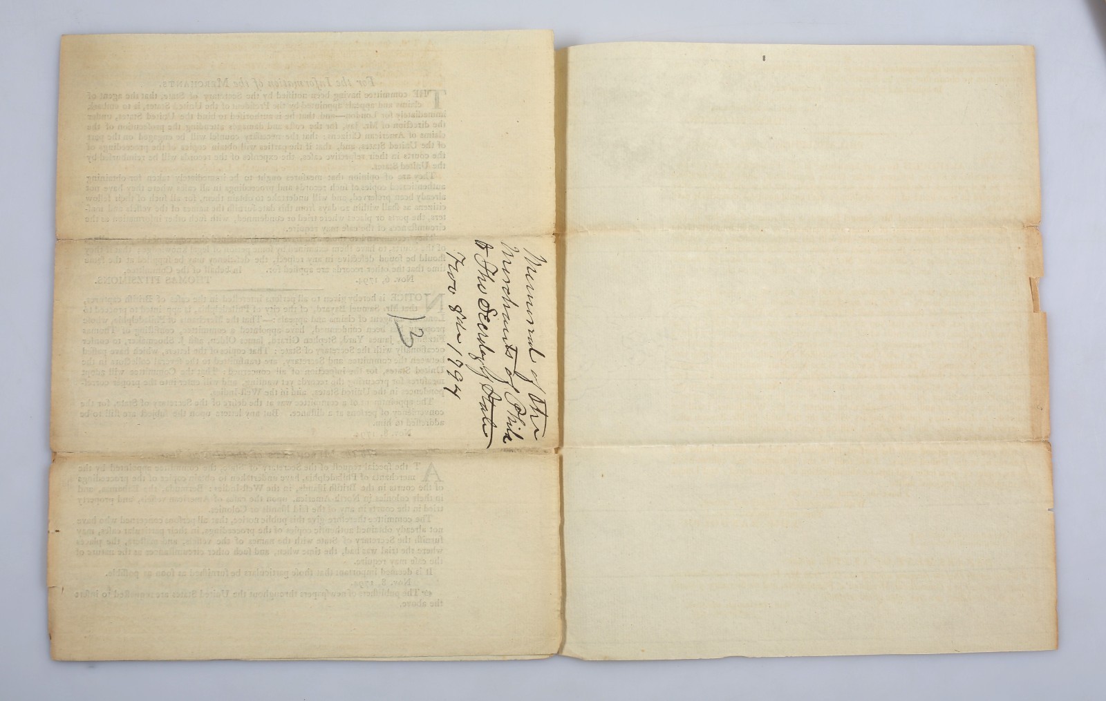 1794 Printed Letters Thomas Fitzsimmons to Sec. of State Post War Jay Treaty